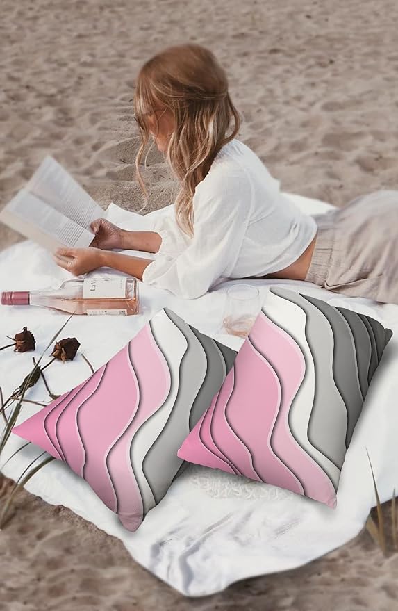 Outdoor Waterproof Pillow Covers for Patio Furniture Pink Modern Geometric Decorative Throw Pillow Cover Abstract Beach Pillowcases Set of 2 Cushion Case for Sofa Couch Chair Home Decor 20 x 12 Inches