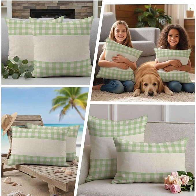 Retro Green Outdoor Waterproof Pillow Covers, Farmhouse Buffalo Plaid Vintage Beige Decorative Square Throw Pillowcase Sofa Cushion Sham for Patio/Couch/Chair, 26"x26" 2 Pack