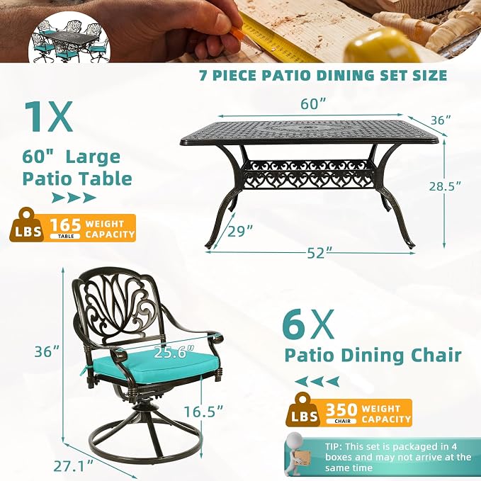 MEETWARM 7-Piece Outdoor Patio Dining Set, All-Weather Cast Aluminum Patio Conversation Set for Backyard Garden Deck with 6 Cushioned Swivel Rocker Chairs, 1 Rectangular Table, Ocean Blue