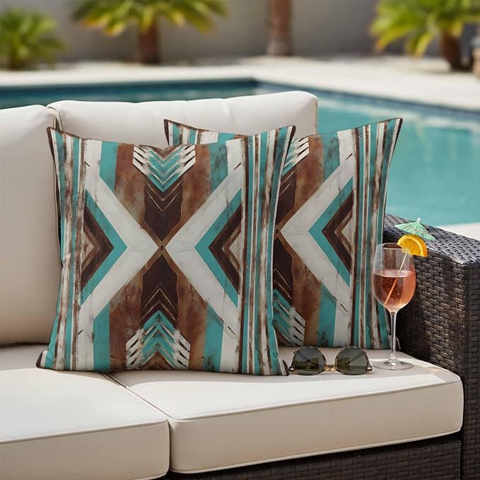 Aztec Southwestern Outdoor Pillow Covers 20"x20" Set of 2, Vintage Abstract Brown Turquoise Diamond Waterproof Throw Pillow Covers for Patio Furniture, Decorative Cushion Covers for Porch