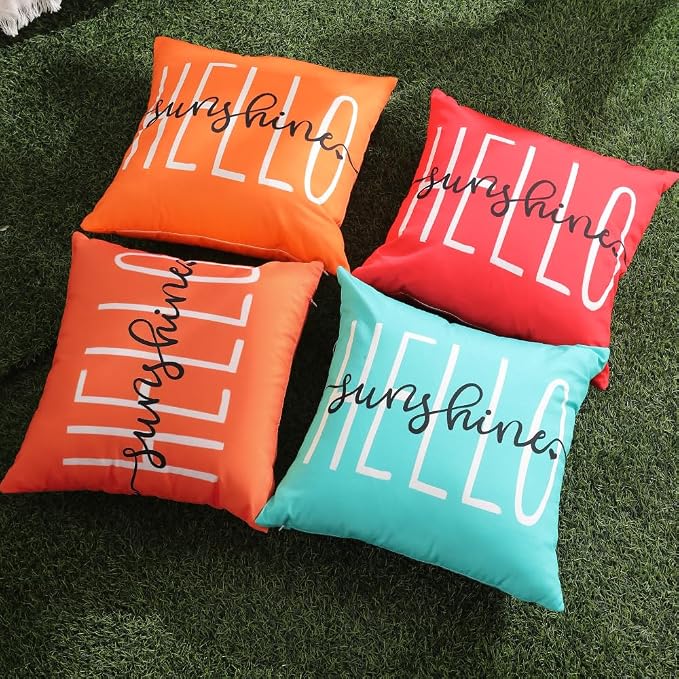 DFXSZ Dirty Orange Outdoor Waterproof Pillow Covers 20x20 Set of 2 | Hello Sunshine Decor Summer Fall Polyester Pillow Covers(NO INSERTS)| Decor for Patio Funiture Garden Sofa Couch