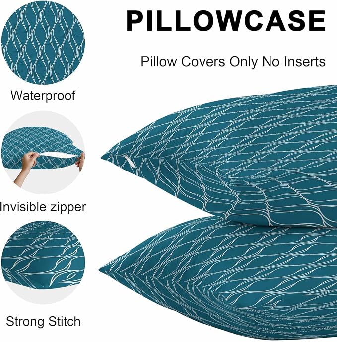 Teal Blue Stripes Outdoor Pillow Covers 26x26 Inch Throw Pillow Covers Set of 2 Waterproof Decorative Pillow Cases Simple Geometric Modern Monochrome Cushion Covers for Patio Furniture Garden Couch