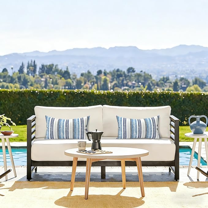 LVTXIII Outdoor Lumbar Pillow Covers Set of 2 Patio Decorative Pillow Cases, Water Repellent Lumbar Cushion Cases for Sofa, Patio Couch Garden Use, 12x20 Inch, Stripe Layered Blue