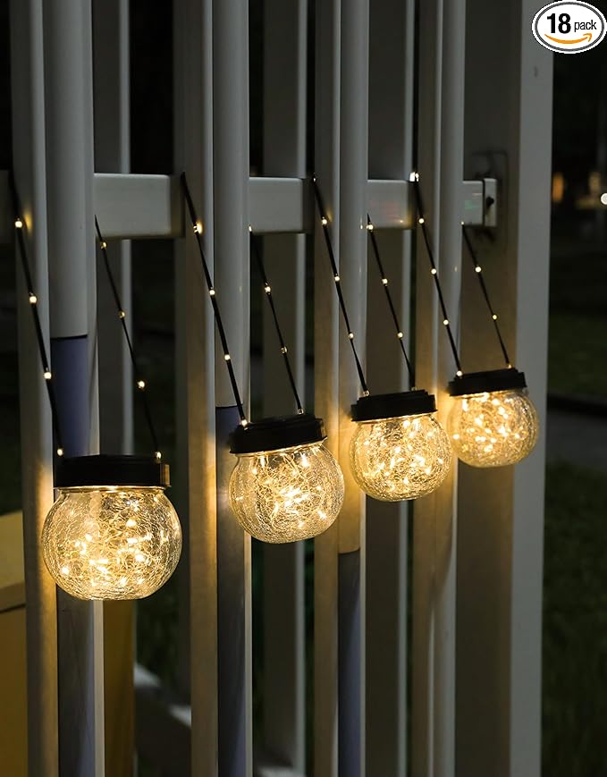 Solar Lanterns Solar Lights Outdoor Waterproof 18-Pack, Solar Powered Hanging Lights Cracked Glass Hanging Globes for Christmas Decoration, Shepherd Hook, Garden Tree Ornaments