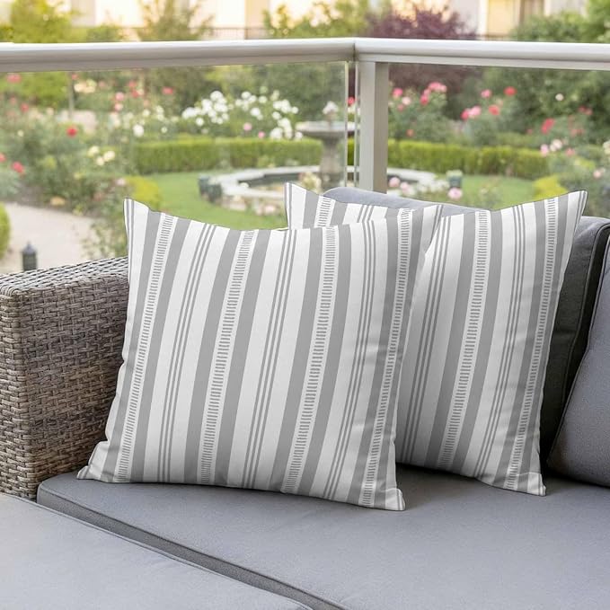 Gery Striped Outdoor Waterproof Pillow Covers, Farmhouse Stripes Modern Geometric Decorative Square Throw Pillowcase Sofa Cushion Sham for Patio/Couch/Chair, 20"x20" 2 Pack