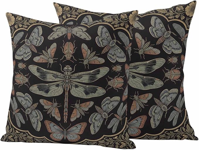 Vintage Dragonfly Outdoor Waterproof Throw Pillow Covers 16 x 16 Inches Set of 2 Butterfly Moth Insects Summer Black Decorative Cushion Cover Pillowcase for Garden Patio Tent Beach Sofa Couch