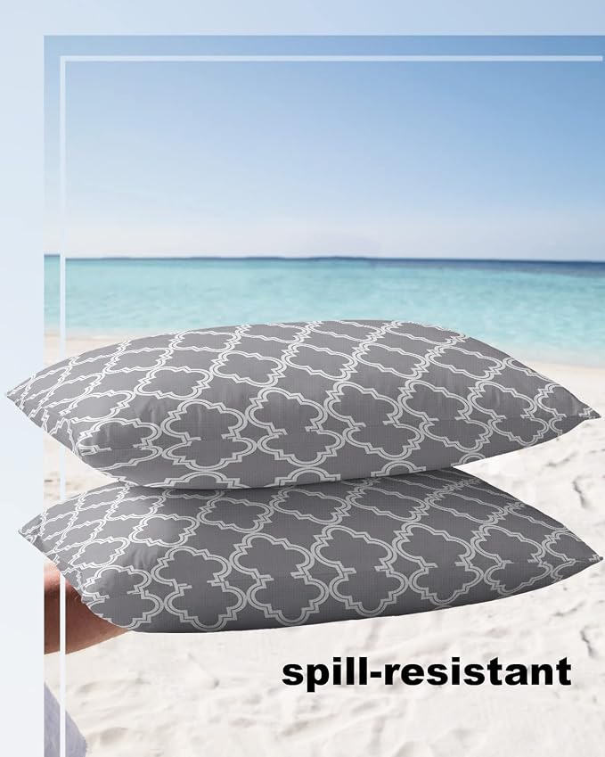 Outdoor Waterproof Pillow Covers for Patio Furniture Moroccan Pattern Decorative Throw Pillow Cover Geometric Trellis Grey Pillowcases Set of 2 Cushion Case for Sofa Couch Chair Home Decor 20x12 inch