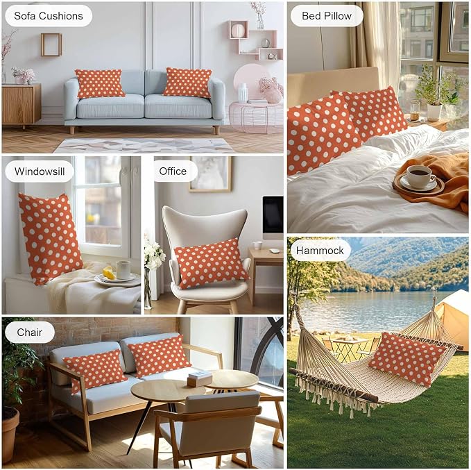 Outdoor Waterproof Throw Pillow Covers Set of 2 Orange Polka Dots Lumbar Pillowcases 20x12 Inches Cute Solid Color Decorative Pillows Cushion Case Patio Pillows for Couch Bed Chair Garden