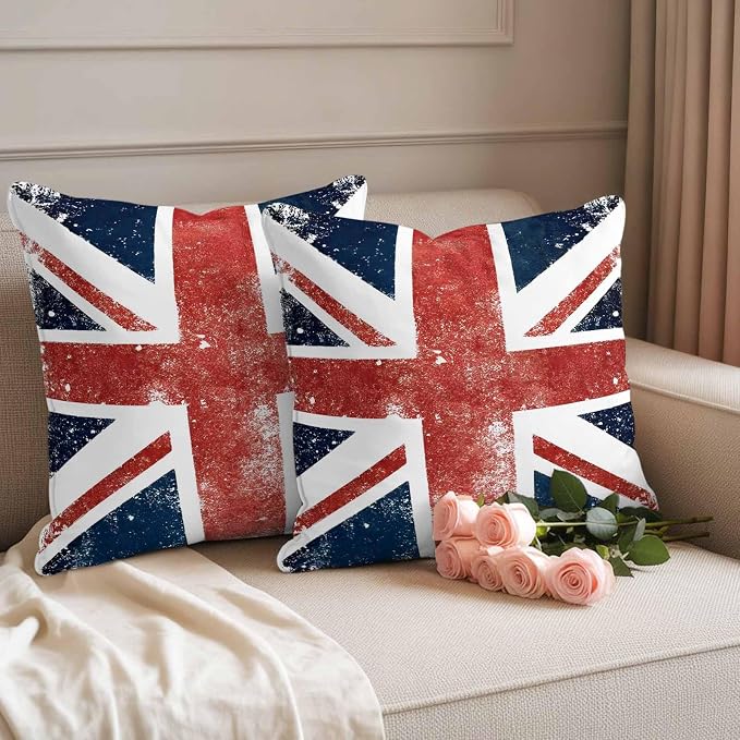 4th of July Outdoor Throw Pillows Covers 16x16 inch Set of 2 Waterproof British Flag Decorative Zippered Cushion Covers for Patio Furniture, Vintage Mottled National Flag Lumbar Pillowcases