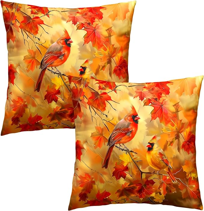 Fall Throw Pillow Covers 16x16 Set of 2, Autumn Maple Leaves Birds Harvest Season Decorative Pillow Cases Cotton Linen Cushion Cover for Living Room Bed Sofa Car Home Decor