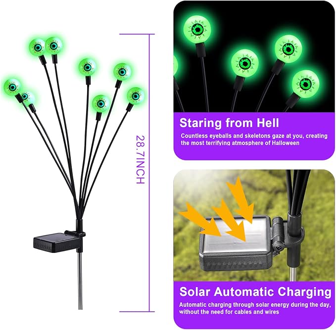ASMAD Halloween Decorations Outdoor Solar Scary Eyeball Lights,4Pack 32LEDs | Halloween Lights, Halloween Decor, Green Eyeball Swaying Lights, Solar Path Lights Waterproof for Garden/Patio/Party Decor