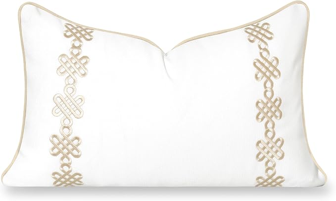 Hofdeco Premium Coastal Hampton Patio Indoor Outdoor Lumbar Pillow Cover Only, 12"x20" Water Repellent for Backyard, Couch, Poolside, Sand Beige Embroidered Chinoise Lucky Knots
