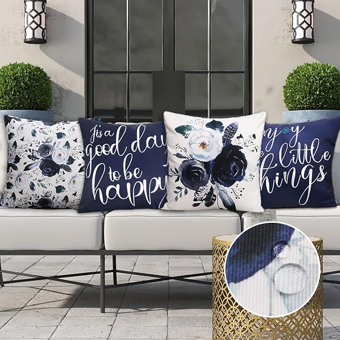 Merrycolor Set of 4 Outdoor/Indoor Pillow Covers 18x18 Waterproof Navy Blue and White Floral Decorative Pillow Covers Outdoor Pillows for Patio Furniture