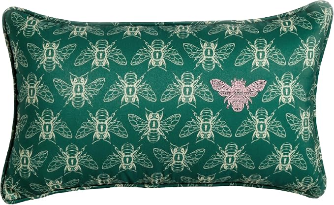 Honeycomb Indoor/Outdoor Lumbar Pillow for Patio Furniture, 20 x 12 | Royalty Green Embroidered Bumble Bee Throw Pillow, Water & Fade Resistant for Patio Furniture Set
