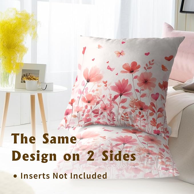Floral Throw Pillow Covers 16x16 Set of 2, Pink Flowers Leaves and Butterfly Decorative Pillowcases Cotton Cushion Cover for Couch Sofa Farmhouse Wedding Home Decoration