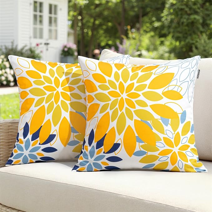 Floral Outdoor Pillow Covers Yellow Blue 18x18 Set of 2 | Waterproof Throw Pillow Cases Spring Decorative Summer Cushion Covers for Patio Furniture Garden Bench Porch Sofa