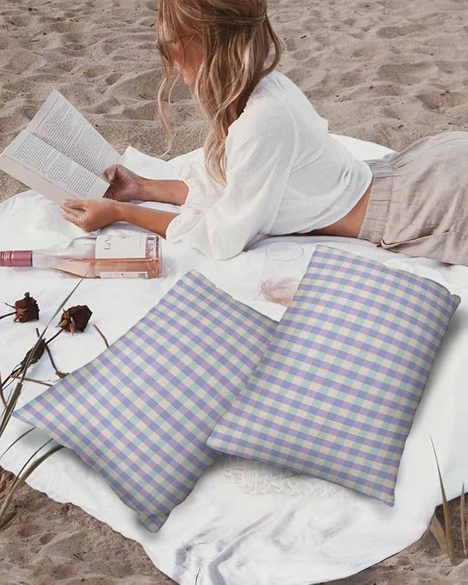 Outdoor Waterproof Throw Pillow Covers Set of 2 Purple Buffalo Plaid Lumbar Pillowcases 20x12 Inches Linen Classic Checked Patio Decorative Pillows Cushion Case Patio Pillows for Couch Bed Garden