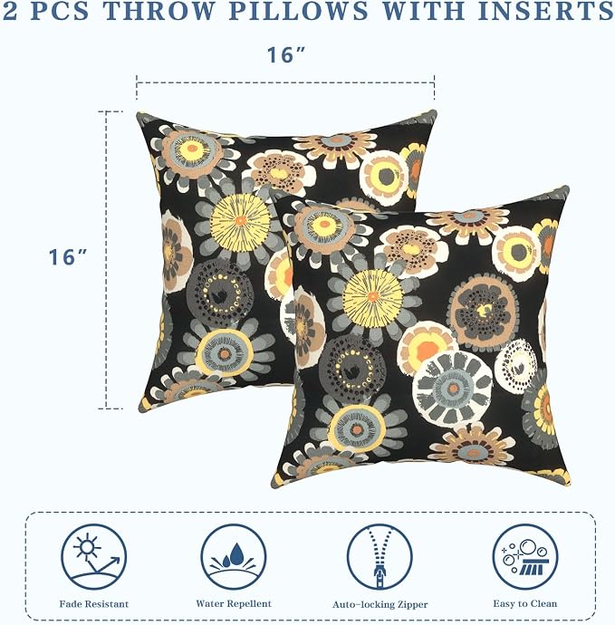 LVTXIII Outdoor Throw Pillows, Decorative Throw Pillows with Inserts, 16"x16" Square Pillows for Bed, Couch, Sofa and Patio Furniture, Set of 2, Black Yellow Crosby