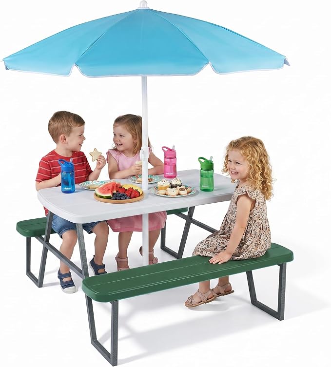 Costzon Kids Picnic Table, Toddler Outdoor Table & Bench Set with Removable Umbrella, HDPE Tabletop, Metal Frame, Kids Outdoor Furniture for Patio Backyard Garden, Fits 4 Children Age 3+ (Green)