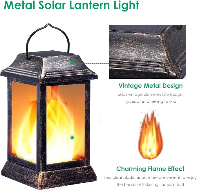 TomCare Flickering Flame Solar Lights Outdoor Metal Hanging Lantern, 2 Pack | Realistic Flame Effect, Charges in 6-8 Hours, 10-12-Hour Runtime, IP65 Waterproof, Auto On/Off for Patio, Garden and Porch