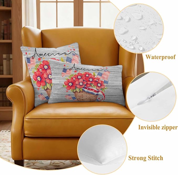 4th of July Floral Waterproof Outdoor Pillow Covers Set of 2 Home Decor, Patriotic Star Stripe Flag Grey Wood Pillowcase Patio Pillow Covers for Couch Bench Furniture Garden 24x24in