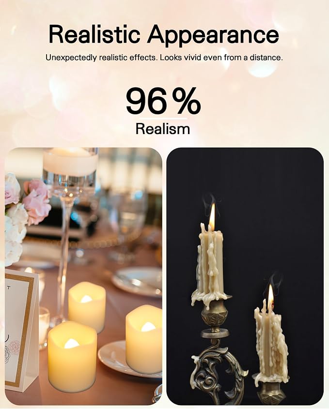 SHYMERY Flameless Votive Candles,Lasts 2X Longer,Battery Operated LED Tea Lights with Warm White Flickering Light,Small Electric Fake Tea Candle Realistic for Wedding,Table,Outdoor,Pack of 12