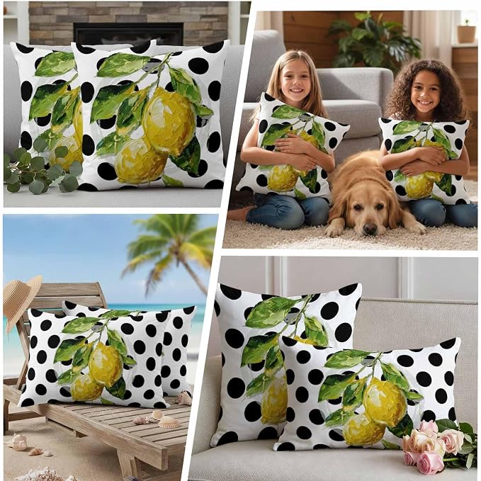 Waterproof Pillow Covers Set of 2,Summer Lemon Polka Dot Outdoor Pillow Protectors with Zipper Pillowcases for Patio Tent Garden Beach 20x12 Inches Country Fruit Oil Painting Style