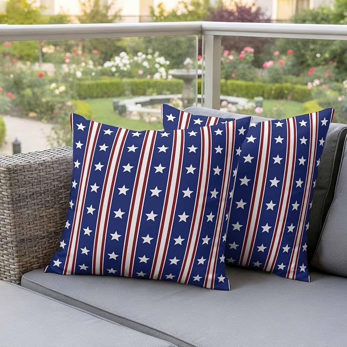 Blue Red Outdoor Pillow Covers 24"x24" Set of 2, Waterproof Throw Pillow Covers for Patio Furniture, Stripes Patirotic Star Independence Day Decorative Cushion Covers for Porch