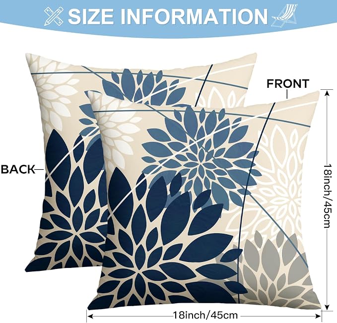 OTOSTAR Outdoor Dark Blue Light Blue Pillow Covers 18x18 Inch Set of 2 White Flower Throw Pillows Farmhouse Geometric Dahlia Floral Square Cushion Case Waterproof Decor for Sofa Patio Funiture Garden