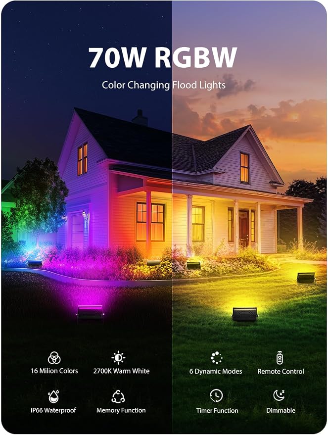 Onforu 6 Pack RGB LED Flood Light Outdoor, 70W Color Changing Uplights with Remote, 2700K Warm White IP66 Stage Lighting, Landscape Floor Spotlights Indoor, Uplighting Indoor Floor Light for Christmas