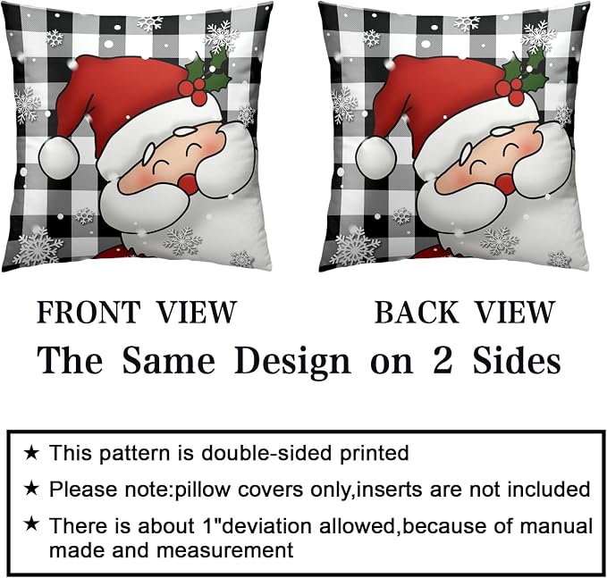 Santa Snowman Christmas Pillow Covers 22x22 Black and White Plaid Winter Throw Pillows Cases Warm Touch Xmas Decorative Cushion Cases for Indoor Bed Sofa in 2 Pcs