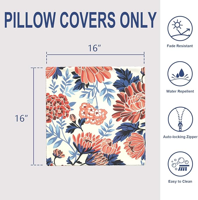 Outdoor 16x16 Inch Throw Pillow Covers Set of 2, Covers ONLY, All Weather Square Pillow Cases, Patio Cushion Pillow of Home Furniture Use, Red Chrysanthemum