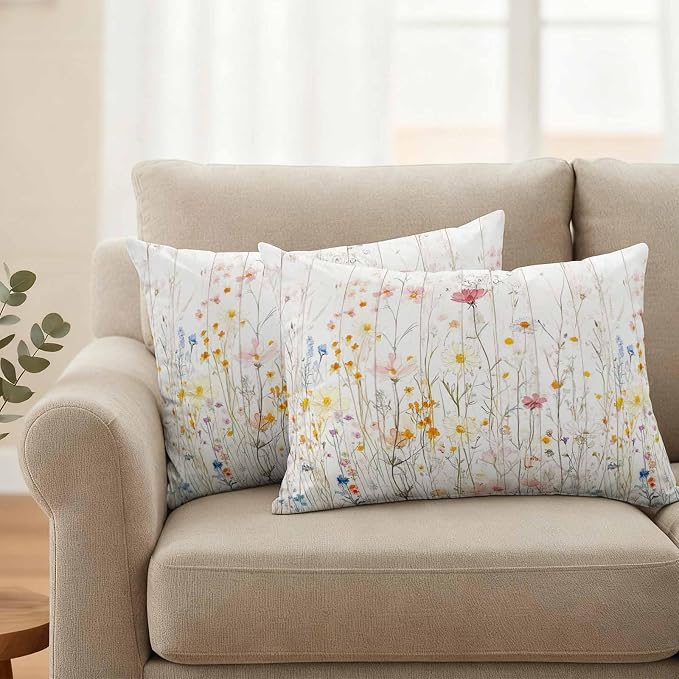 Vintage Flowers Waterproof Outdoor Pillow Covers 20''x12'' Set of 2, Botanical Patio Furniture Spring Cushion Covers for Chairs, Decorative Watercolor Wildflowers Pillow Cases for Garden/Pool/Beach