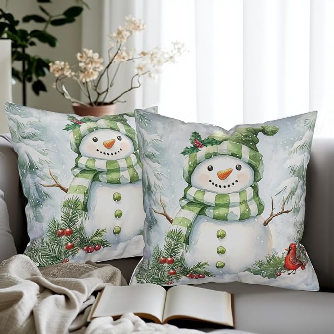Set of 2 Winter Pillow Covers 20x20 Green Snowman Pine Tree Holly Berry Cardinal Bird Throw Pillow Covers Holiday Pillow Case for Home Decor Couch Sofa