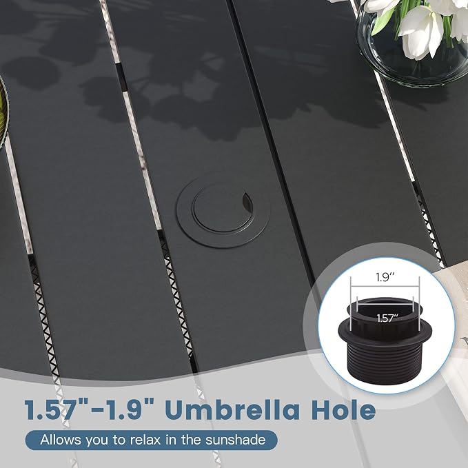 DIFY 7 Piece Outdoor Dining Set, 59.2" Black Rectangle Metal Patio Table and Brown Textilene Stackable Chairs for 6, All Weather Patio Furniture Set with Umbrella Hole for Backyard Garden Deck