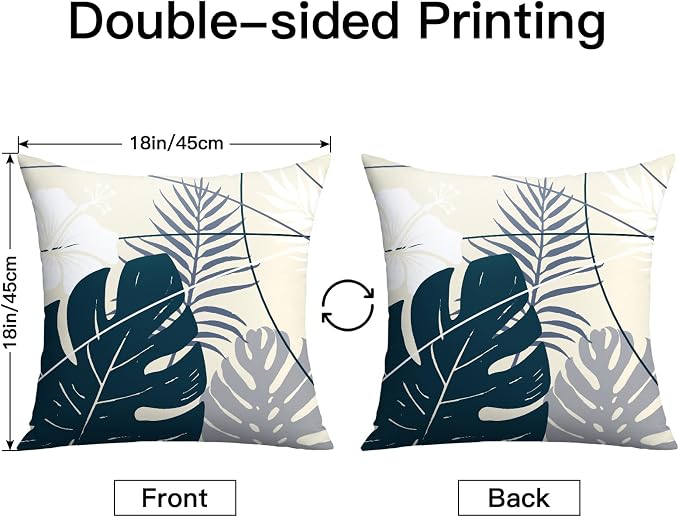 OTOSTAR Outdoor Waterproof Throw Pillow Covers 18x18 Inch Set of 2 Double-Sided Dark Blue Grey Tropical Leaf and Flower Spring Summer Decorative Pillow Cases for Patio Funiture Garden Balcony Couch