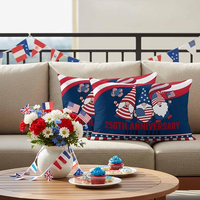 250th Anniversary Outdoor Pillow Covers 20"x12" Set of 2, Patriotic Gnome USA Flag Independence Day Waterproof Throw Pillow Covers for Patio Furniture, Decorative Cushion Covers for Porch