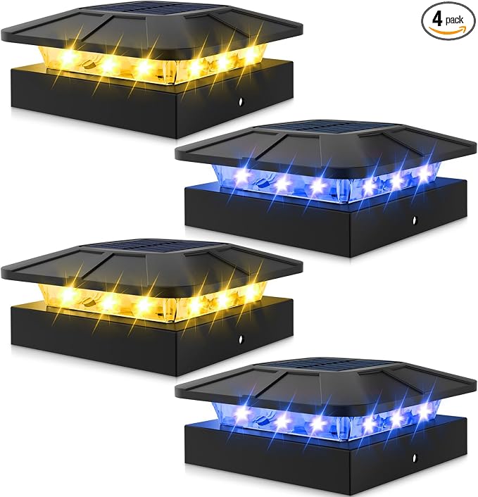 4 Packs 4x4 Solar Post Lights Outdoor, Blue & Warm White LED Fence Caps Light Waterproof, Wood & Vinyl Post Top Lighting for Deck Mailbox Railing Porch Outside