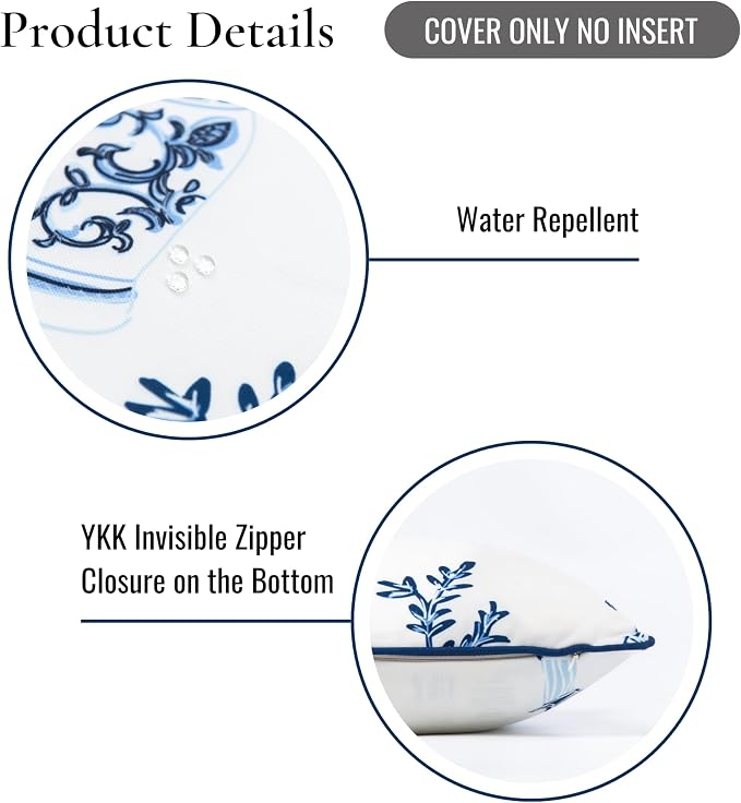 Hofdeco Premium Coastal Patio Indoor Outdoor Lumbar Pillow Cover Only, 12"x20" Water Repellent for Backyard, Couch, Navy Blue Chinoiserie with Piping