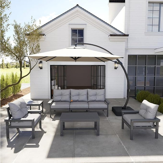 HDPE 7 Piece Patio Furniture Set, All-Weather Outdoor Couch Set with Thick Cushions & Table & Umbrella, Patio Conversation Sets for Lawn, Garden, Porch, Balcony, Deck, Poolside, Grey & Grey