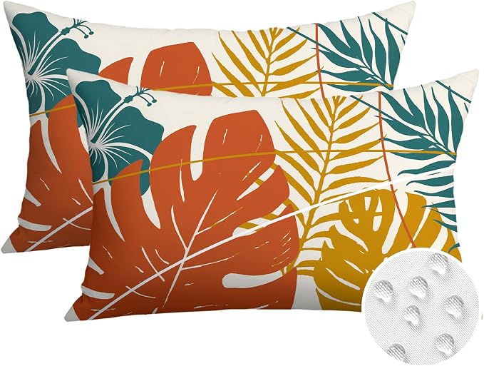 OTOSTAR Outdoor Waterproof Throw Pillow Covers 12x20 Inch Set of 2 Double-Sided Orange Yellow Tropical Leaf and Flower Spring Summer Decorative Pillow Cases for Patio Funiture Garden Balcony Couch