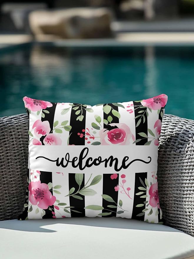Outdoor Waterproof Throw Pillows Welcome Words Pink Flowers Patio Pillows,Decorative Pillow Covers with Insert,Pillow Cushion Case for Garden Couch Sofa Country Black Line