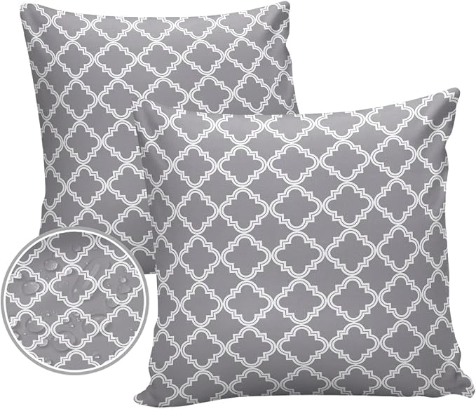 Outdoor Waterproof Pillow Covers for Patio Furniture Moroccan Pattern Decorative Throw Pillow Cover Geometric Trellis Grey Pillowcases Set of 2 Cushion Case for Sofa Couch Chair Home Decor 24x24 inch