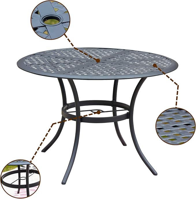 LOKATSE HOME 42.1'' Outdoor Patio Bistro Metal Wrought Iron Round Dining Table with Umbrella Hole - Black