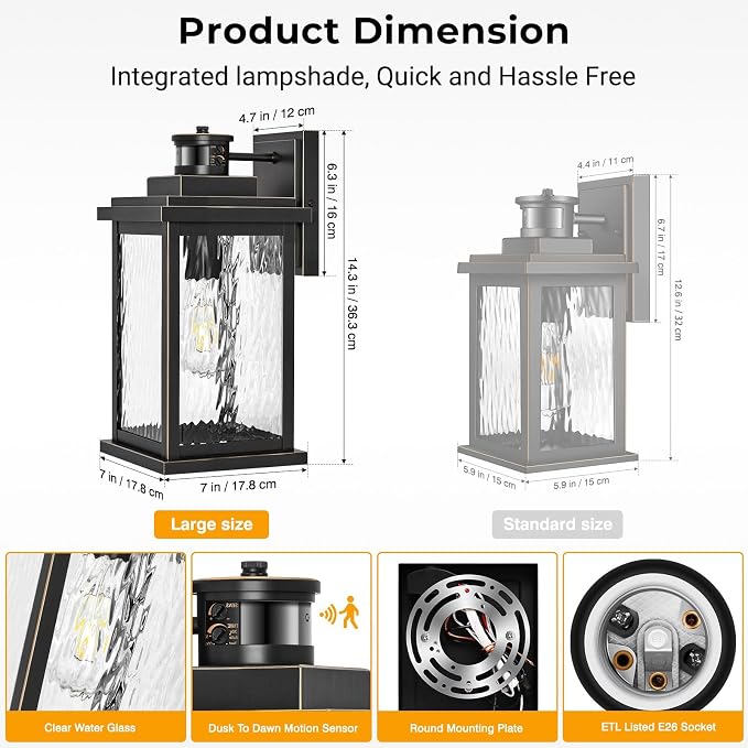 VIANIS Large Motion Sensor Outdoor Lights, Dusk to Dawn Outdoor Lighting with Water Glass, Easy-Install Aluminum Waterproof Hardwired Exterior Lights for Porch, Garage, Front Door