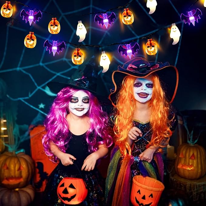 Mosoan Halloween Lights, 20Ft 30 LED Pumpkin Ghost Bat String Lights Battery Operated with Timer, 8 Light Modes Halloween Fairy Lights for Indoor Outdoor Party Home Yard Window Decor