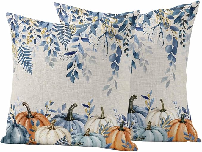 Orange Blue Fall Waterproof Outdoor Pillow Covers 20''x20'' Set of 2, Thanksgiving Eucalyptus Berry Leaves Patio Cushion Covers for Chairs, Decorative Pumpkin Beige Pillow Cases for Garden/Pool/Beach