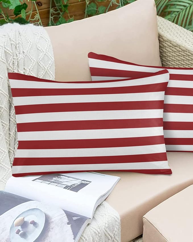 Lumbar Throw Pillow Covers 12x20 Outdoor Waterproof Pillow Covers for Patio Furniture Christmas Red Throw Pillow Cover Red And White Stripes Pillowcases Set of 2 Cushion Case for Sofa Couch Chair Home