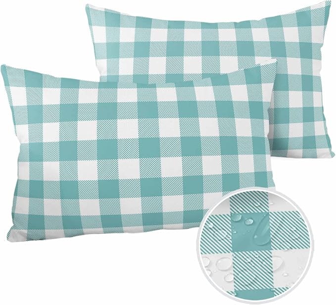 Outdoor Waterproof Throw Pillow Covers Set of 2 Teal Green White Check Plaid Lumbar Pillowcases 20x12 Inches Farmhouse Style Patio Decorative Pillows Cushion Case Patio Pillows for Couch Bed Garden