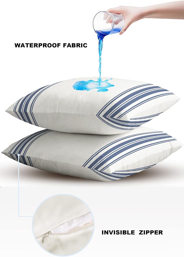 Outdoor Waterproof Pillow Covers for Patio Furniture Blue Ticking Vertically Stripe Decorative Throw Pillow Cover Simple Style White Pillowcases Set of 2 Cushion Case for Sofa Couch Chair 26x26 In